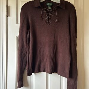 Ralph Lauren Chocolate Lace-Up V-Neck Sweater